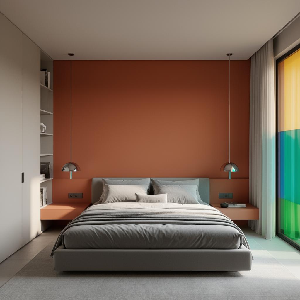 Chambre terracotta, tête de lit bois massif