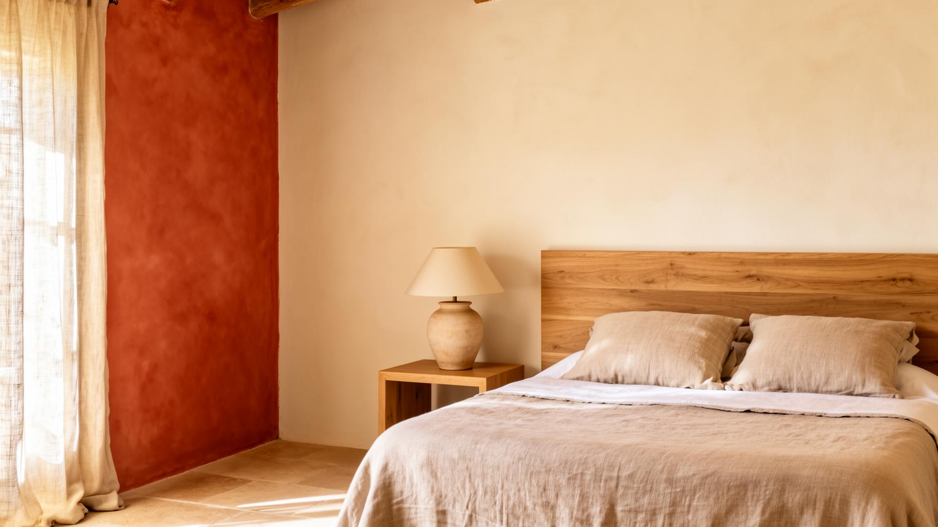 Chambre terracotta, tête de lit bois massif